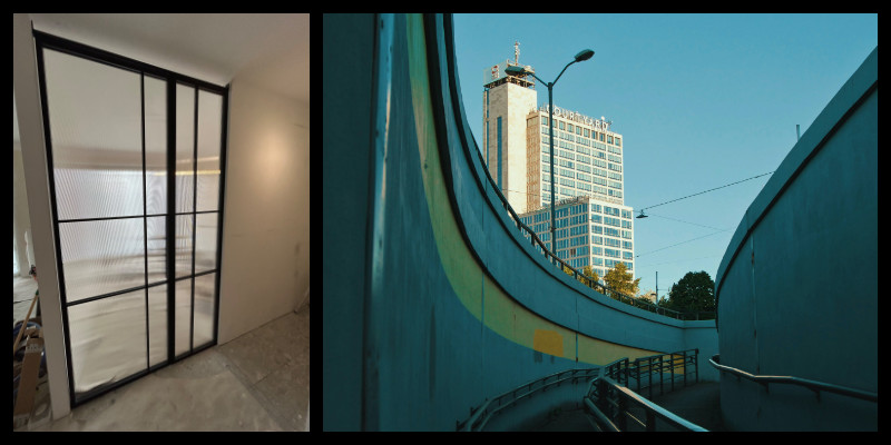 Katowice - drzwi loftowe z systemem pivot i szkłem ryflowanym